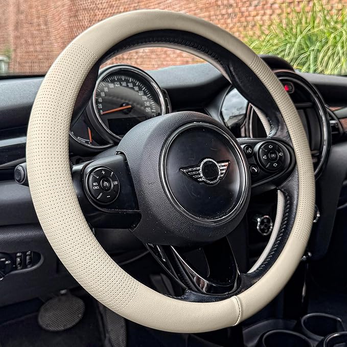 PINCTROT Large Size Nappa Leather Steering Wheel Cover, Slim Fit No Bulk Design, One Piece Leather with Breathable Perforation, Fit Like Gloves, 15.5-15.75 Inch(Nappa Beige)