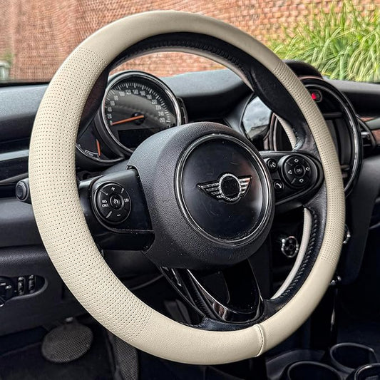PINCTROT Large Size Nappa Leather Steering Wheel Cover, Slim Fit No Bulk Design, One Piece Leather with Breathable Perforation, Fit Like Gloves, 15.5-15.75 Inch(Nappa Beige)