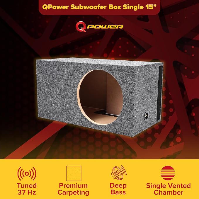 QPower 15 Inch Heavy Duty Single Vented Carpet Covered Durable Car Audio Extra Large Vehicle Subwoofer Enclosure Woofer Box, Charcoal Gray