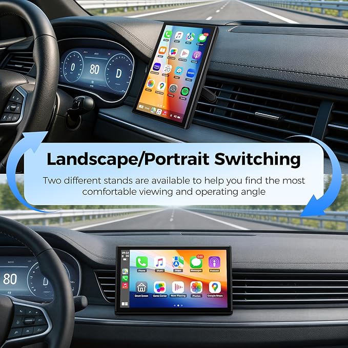 Topexplore 7" Wireless Apple CarPlay and Android Auto Screen with Magnetic Mount, Portrait/Landscape Switch, Portable Car Stereo with Bluetooth, Mirror Link, GPS, OTA Update