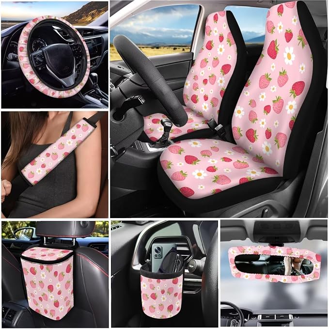 Dreaweet Pink Car Seat Covers Full Set for Women Cute Strawberry Car Accessories Steering Wheel Cover Seatbelt Covers Car Coasters Trash Can Vent Storage Holder Rear View Mirror Cover Keychain 15 Pcs