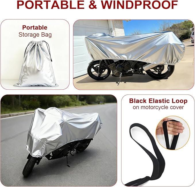 Dream Apparel Motorcycle Half Cover, Waterproof Motorcycle Cover for Outdoor, Rain Snow Dust Protection Universal Fit Heavy Duty Motorbike Vehicle Cover with Storage Bag, Silver L