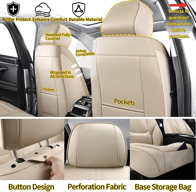 Car Seat Covers Full Set, Beige Leather Seat Covers, Breathable Front and Back Car Seat Protectors, Wear-Resistant Seat Covers Universal Fit for Most Cars SUV Truck (Beige-Solid, Full Set)