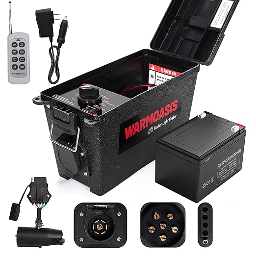 Trailer Light Tester with 12V 12Ah Battery, Equipped with 7 Pin Flat, 6 Pin Round, 4/5 Pin Connectors, 98 ft Remote Range, Dust & Splash Resistant, Easy Operation & Reliable Detection