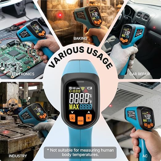 Tilswall Infrared Thermometer, Laser Temperature Gun, -50°C~600°C (-58F~1112F)with Adjustable Emissivity, for Cooking/Pizza Oven/BBQ/Vehicle Repair, Meat Thermometer included, Not for Human(blue),W301