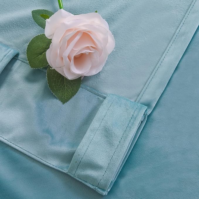 Roslynwood Luxury Soft Eggshell Blue Velvet Curtains 63 inches Long Back Tab Thermal Insulated Blackout Window Drapes for Living Room/Bedroom/Dining Room, W52 x L63, 2 Panels