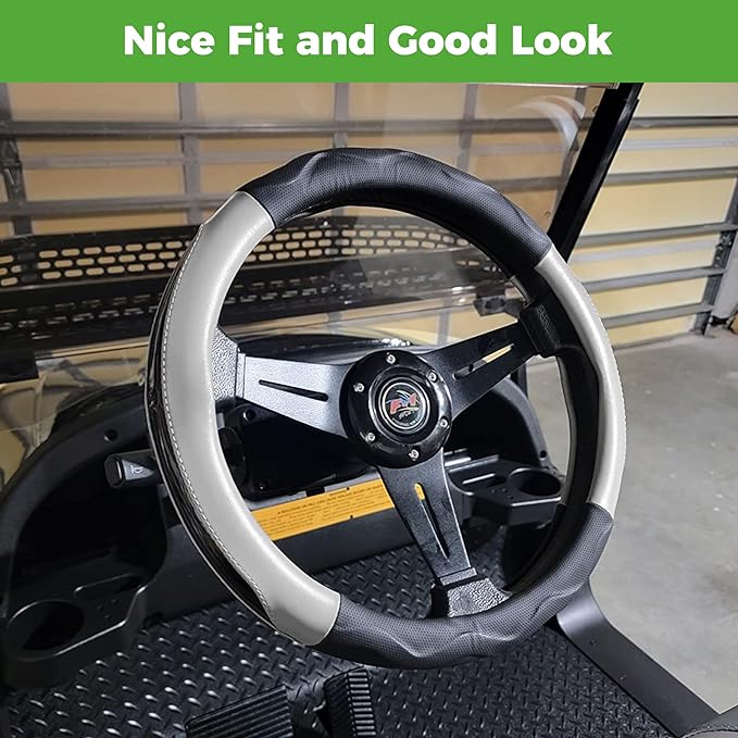 10L0L Golf Cart 14" Steering Wheel Cover for Club Car DS Precedent and Yamaha Models, Breathable Rubber Leather Materials,Good Texture Nice Look（Black+Grey）