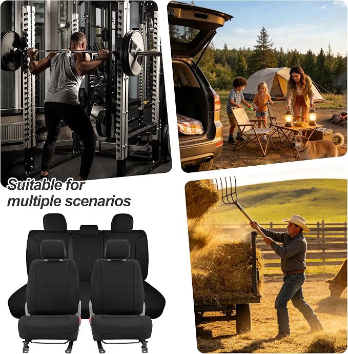 ESMING Custom Fit Seat Covers Compatible with Toyota Tacoma Crew Cab 2005 2006 2007 2008 2009 2010 2011 2012 2013 2014 2015 - Front & Rear Full Set for Non-Folding Passenger Seat - Black
