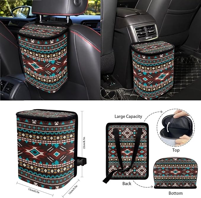 Aztec Tribal Geometric Pattern 15 Pieces Car Accessories with Car Seat Cover Steering Wheel Cushion Seat Belt Pad Keychain Cup Coasters Air Vent Bag Trash Can and Mirror Cover