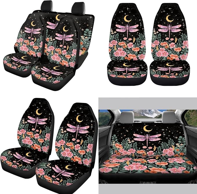 12 Pcs Dragonfly Car Seat Covers Full Set Moon Stars Flower Cottagecore Dragonfly Front Back Seat Cover,Fit Most Cars, Truck,Elastic Steering Wheel Cover Seatbelt Keychain Armres Pads Decor