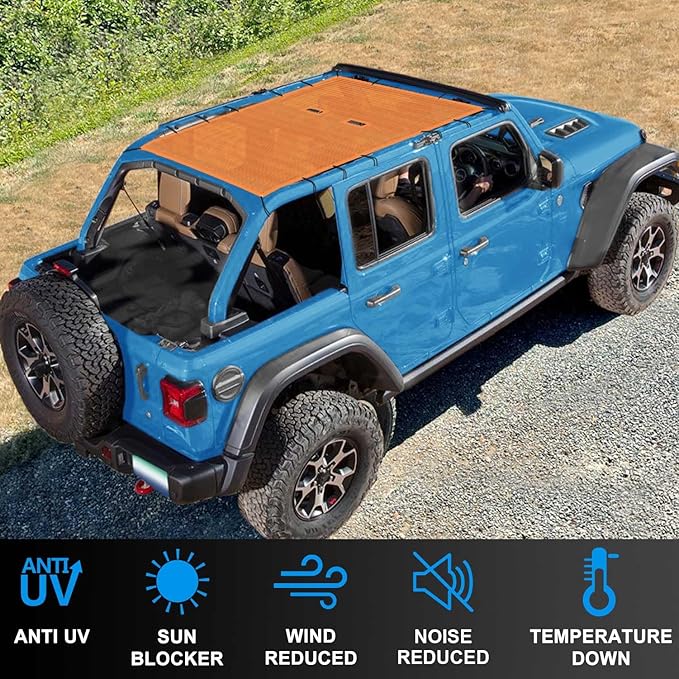 JL Top Sun Shade Roof Compatible with Jeep Wrangler 2 or 4 Door 2018 to 2023 Sunshade Sunroof Cover Blocks UV Wind Noise Orange Mesh for Full Length