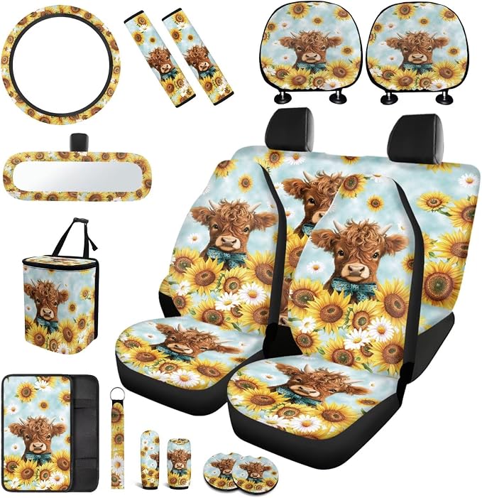 Highland Cow Car Seat Covers Full Set with Head Rest Covers,Universal Sunflower Car Accessories for Women Cute Automotive Interior Sets with Backseat Trash Can,Steering Wheel Cover
