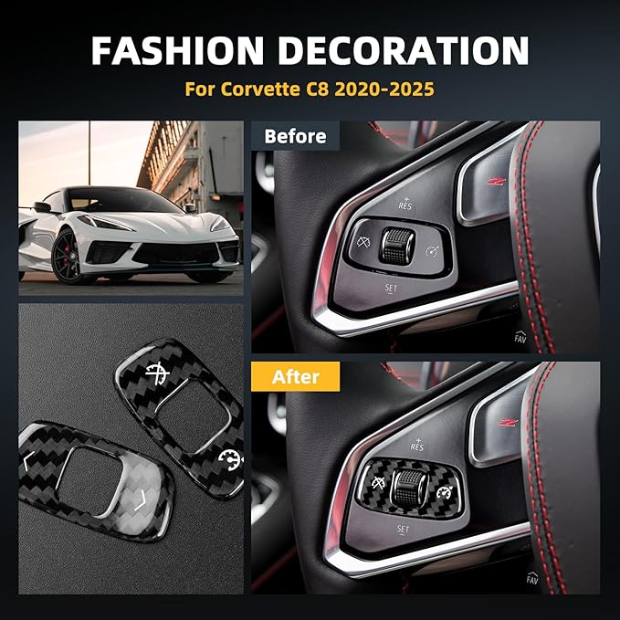 Real Carbon Fiber Steering Wheel Volume Control Button Covers - 2PCS for Corvette C8 2020 2021 2022 2023 2024 2025 Carbon Fiber Accessories, Anti-Scratch Protective Accessories (Black)
