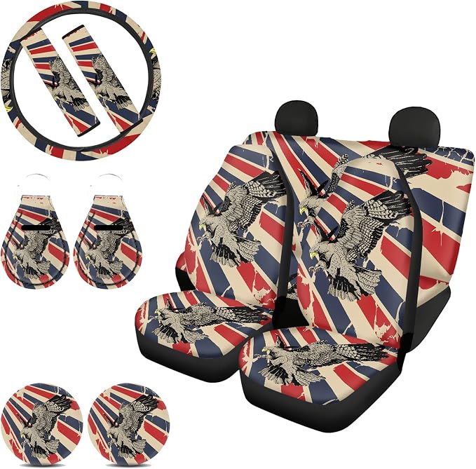 Biyejit Eagle American Flag Car Interior Seat Cover Full Set Front and Rear Bench Bucket Seat Cover Protector with Auto Seat Belt Cover+Keychains+Automotive Cup Holders+ Steering Wheel Cover