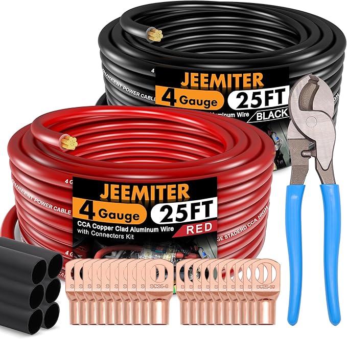 Jeemiter 4 Gauge CCA Wire Kit with Cable Cutter - 50ft Total (25ft Red+Black) | All-in-One Power Ground Install for Car Audio, Solar | Lugs, Heat Shrink Included