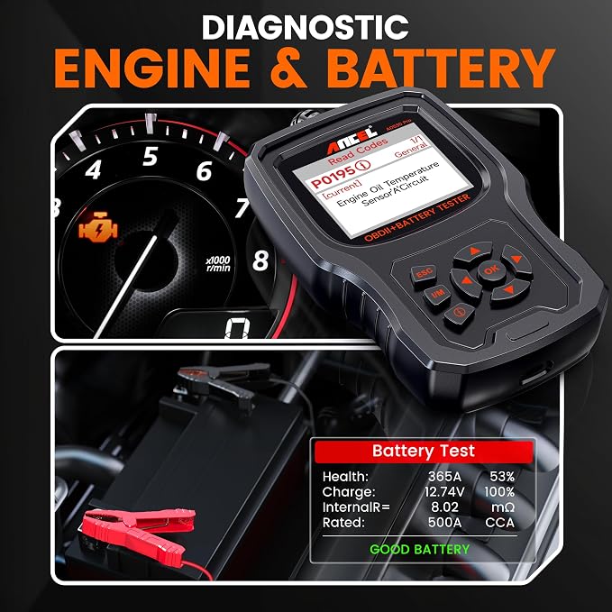 ANCEL AD530 PRO 2-in-1 OBD2 Scanner and 12V Battery Tester | Check Engine Light,Car Battery/Cranking/Charging System Test, Live Data Diagnostics Tool for 1996+ Cars & Motorcycles