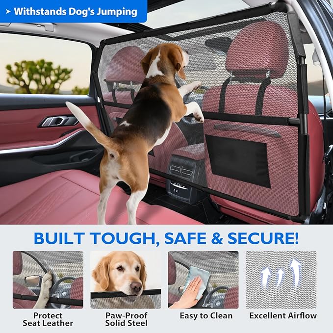 Dog Barrier for SUV, 50" Dog Car Barrier Behind Front Seat, Escape-Proof Back Seat Divider & Cargo Area Gate, Durable Dog Net for Car, Safety Mesh Pet Restraint