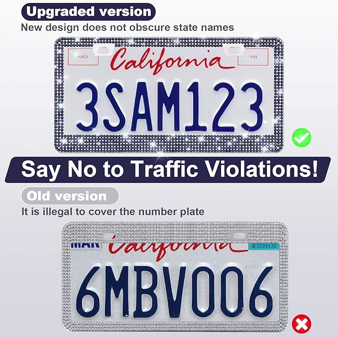 QUANQIUFEI 2 Pack Bling License Plate Frames for Women, Sparkly Rhinestone Diamond Car Accessories with Glitter Crystal Caps (Navy Blue)