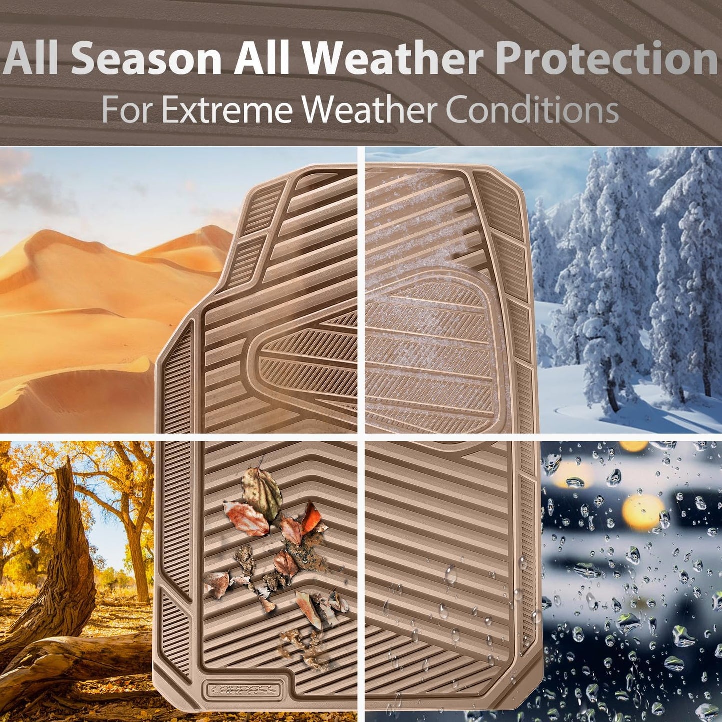 CAR PASS Rubber Car Mats,Car Floor Mats All Weather Car Mat Full Set 3 Piece Tan Waterproof Automotive Floor Mat Trim to Fit for Cars Sedan SUVs Small Trucks Heavy Duty Anti-Slip Easy Clean, All Beige