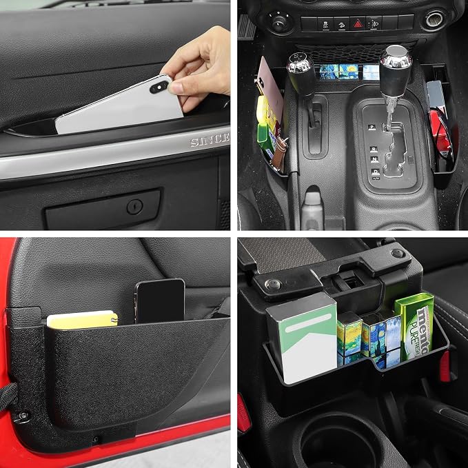 5PCS Center Console Organizer Interior Storage Accessories Fit for 2011-2018 Jeep Wrangler JK JKU Passenger Side Grab Handle & Gear Shift Trim & Front Door Net Pocket & Armrest Box Outer Storage Box