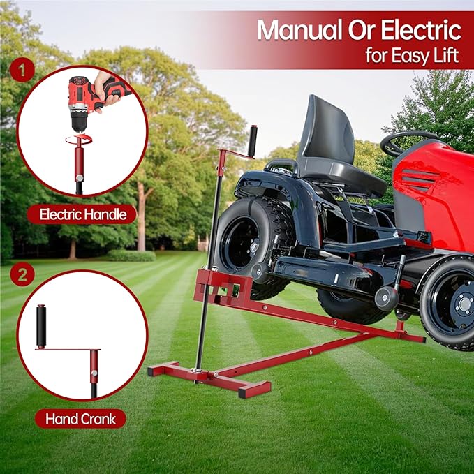 Lawn Mower Lift Jack, Telescopic Maintenance Jack for Riding Lawn Mowers, Zero Turn Mowers and Garden Tractors, Foldable Easy Lift with Crank Handle and Power Tool Handle, 880 Lbs Weight Capacity