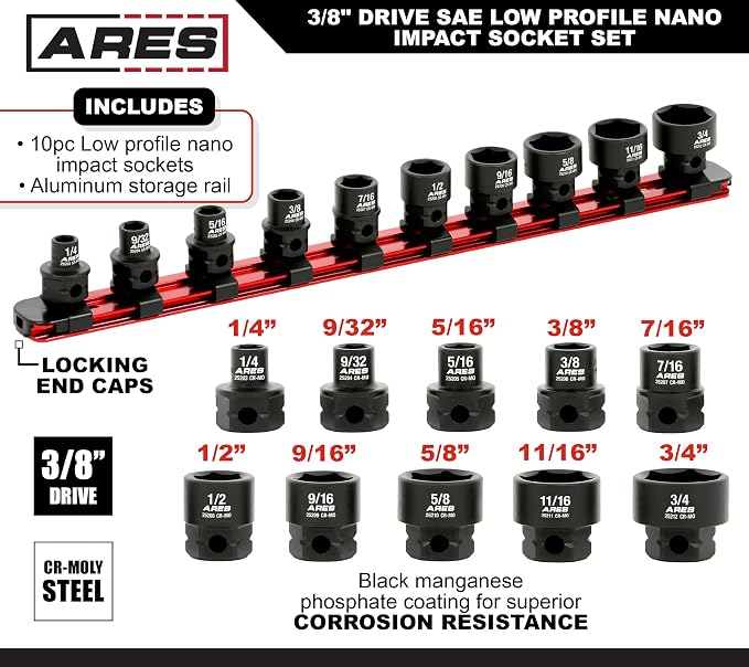 ARES 29019 – 10-Piece 3/8-Inch Drive SAE Low Profile Nano Impact Socket Set – Impact Grade Sockets Offer Greater Clearance Than Typical Shallow Sockets – Includes Aluminum Storage Rail