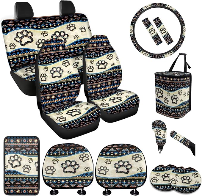 BIGCARJOB 15 Pack Southwest Tribal Paw Car Seat Cover Full Set Auto Seat Headrest Cover Universal Steering Wheel Cover Car Trash Can Hanging Automotive Interior Sets