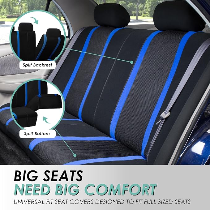FH Group Car Seat Covers Universal Fit Full Set Interior Accessories, Sports Blue Seat Covers with Airbag and Split Rear Automotive Combo Vinyl Floor Mats Seat Covers for Cars Vans Trucks and SUV