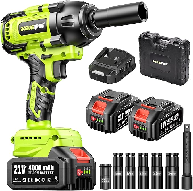 Robustrue Cordless Impact Wrench, 885Ft-lbs (1200N.m) 1/2" Brushless Impact Gun, 21V High Torque Power Impact Driver, 2x4.0Ah Batteries Electric Impact Motor Variable Speeds for Car/Truck RV/Mower