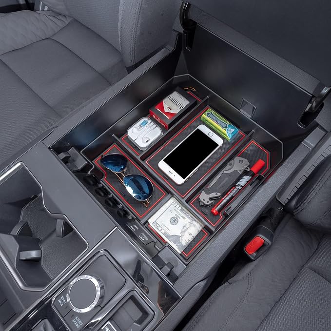 JDMCAR Center Console Organizer (Red Trim) and Dashboard Tray Compatible with 2022 2023 Toyota Tundra Accessories and 2023 Toyota Sequoia