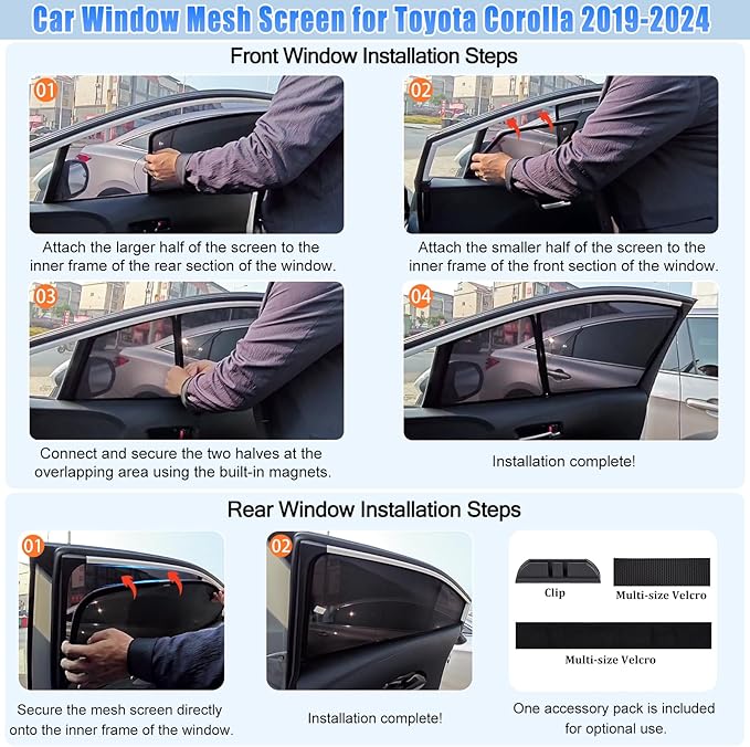 ZATOOTO Car Window Shades for Toyota Corolla 2019-2024, Side Window Cover Sunshade for Corolla Front Window Split Design Car Window Screen for Camping UV Sun Blocker Privacy Ventilation Bug-Free