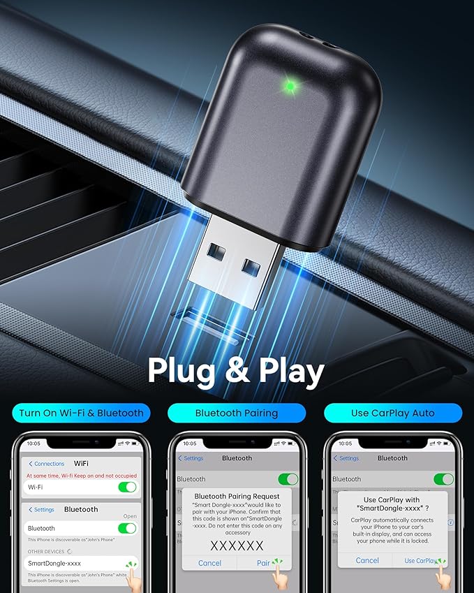 Burnt Sugar Wireless Carplay Adapter for iPhone 2026 Upgraded, Ultra-Mini USB for Apple Car Play Convert Wired to Wireless, Stable Low-Lag GPS Plug & Play for iOS 10+ & Cars from 2016+ (Light Gray)