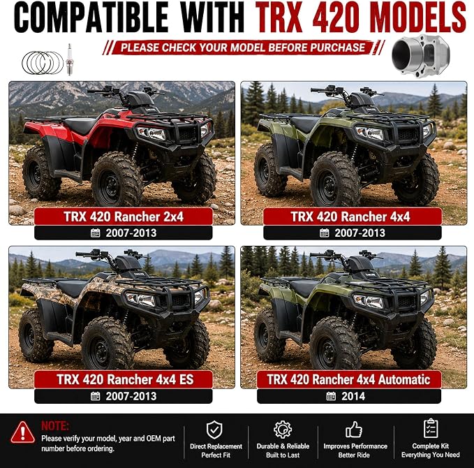 86.5MM Top End Rebuild Kit Compatible with Honda TRX420 TRX420EX Rancher420 engine 2007-2023 12100-HP7-A00 12191-HP5-601 12251-HP7-A01