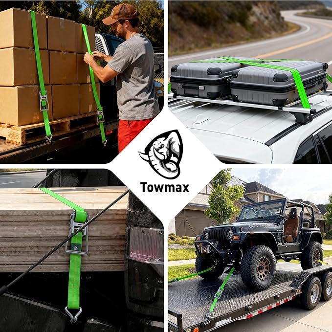 2"x20' Ratchet Straps with J Hooks - 10,000lb Break Strength/ 3,333lb Load Capacity Ratchet Tie Down Strap - Ratchet Straps Heavy Duty - Cargo Straps for Truck, Lawn Equipment, Car Roof, 4 Pack(Green)