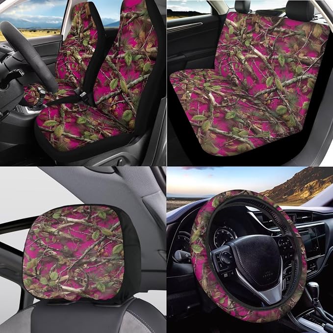 KEIAHUAN Car Seat Covers for Women Pink Hunting Camo Design with Handbrake & Gear Shift Cover,Headrest Covers,Steering Wheel Cover,Cup Coasters Fits Most SUV,Sedan,Truck