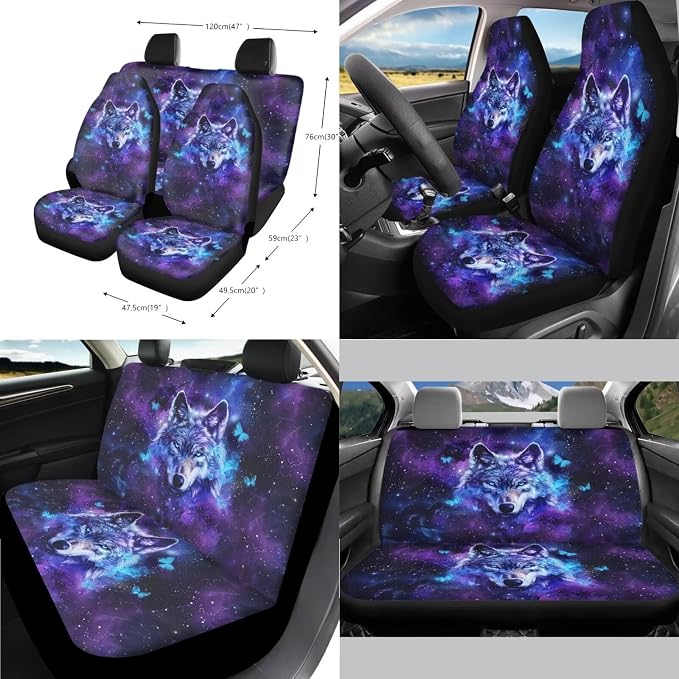 Poceacles Wolf Galaxy Butterfly Car Front Rear Seat Covers Full Set 13 PCS, with Steering Wheel Cover Seat Belt Covers Coasters Keychains Lip Balm Holder Tissue Case for Women Auto Accessories