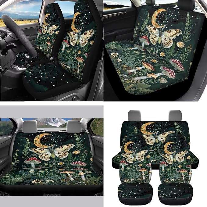 Moon Mushroom Moth Car Seat Covers Full Set for Women Retro Car Accessories Seat Cover with Steering Wheel Cover Seatbelt Pad Coasters Garbage Bag Car Headrest Pillow Covers Armrest Pad