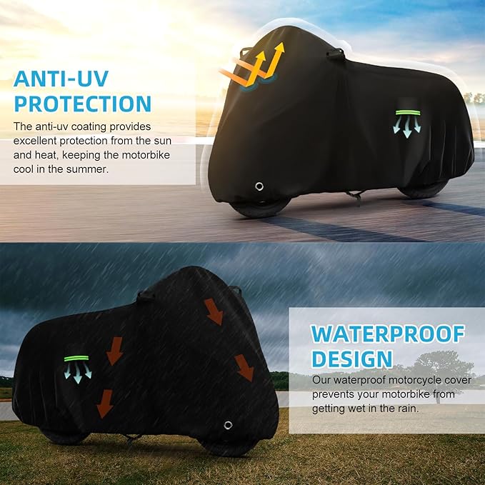 Motorcycle Cover Waterproof for Kawasaki Ninja 250 300 400 500 650/BMW F 900R, Heavy Duty Outdoor Sun UV Rain Dust All Weather Protection Motorbike Cover with Soft Cotton Lining & Lock Hole-Black