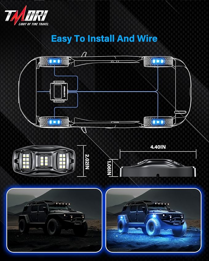 Rock Lights for Trucks: 4 Pod RGBW Underglow Light for Trucks with App Control Featuring Flashing Music Sync Mode All Aluminum Housing IP68 Waterproof Rock Lights for ATV UTV SUV RZR Truck Accessories