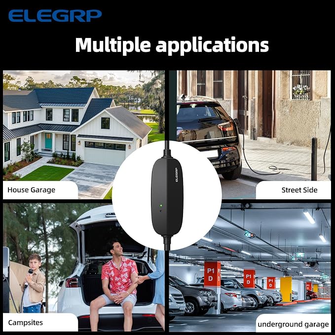 ELEGRP Level 1/2 EV Charger, 16 Amp, Portable J1772 Charger, 25FT Cable, NEMA 6-20 & 5-15 Adapter, Electric Car Charger 110V-240V for BEVs PHEVs, PBE & LRC Technology
