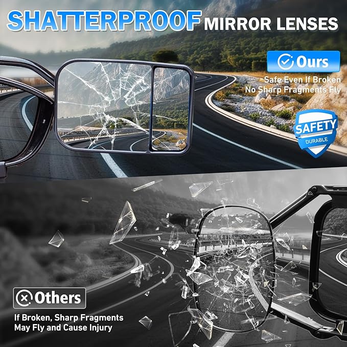 Clip-On Mirror Extenders for Towing, Shatterproof Dual View Convex Tow Mirrors, 360° Adjustable Universal Side Mirror Extensions for Truck, SUV, RV & Trailer, 2-Pack