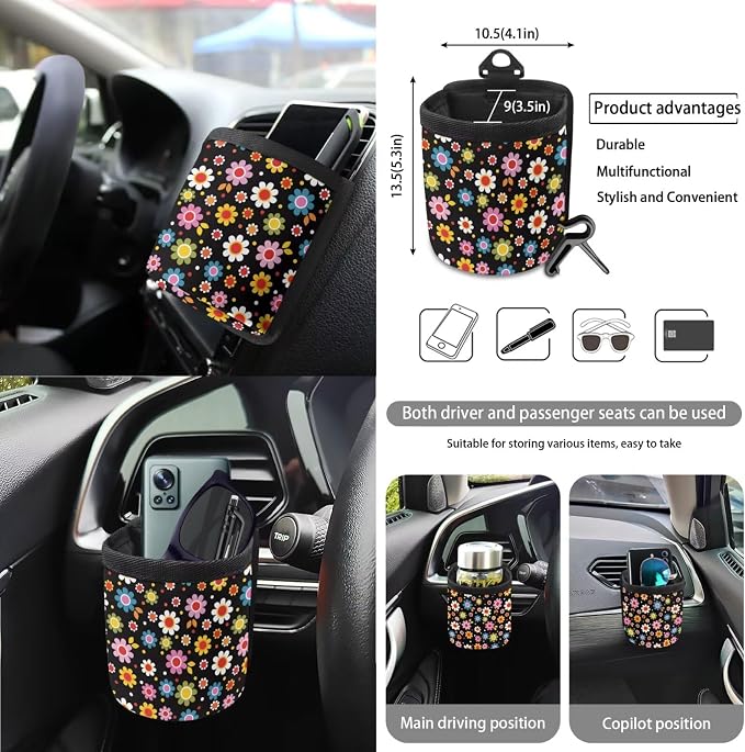 Floral Print Car Interior Covers Full Set of 15, High Back Bucket Seat Cover for Cars with Steering Wheel Cover Seatbelt Pads Trash Bag and Car Air Vent Organizer, Auto Decor