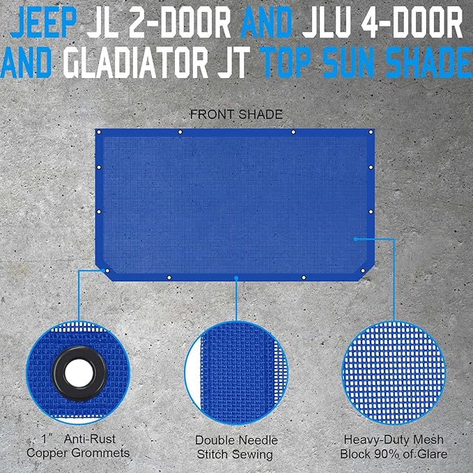 JT JL Top Sun Shade Roof Compatible with Jeep Wrangler and Gladiator 2 or 4 Door 2018 to 2023 Sunshade Sunroof Blocks UV Wind Noise Blue Mesh for Front