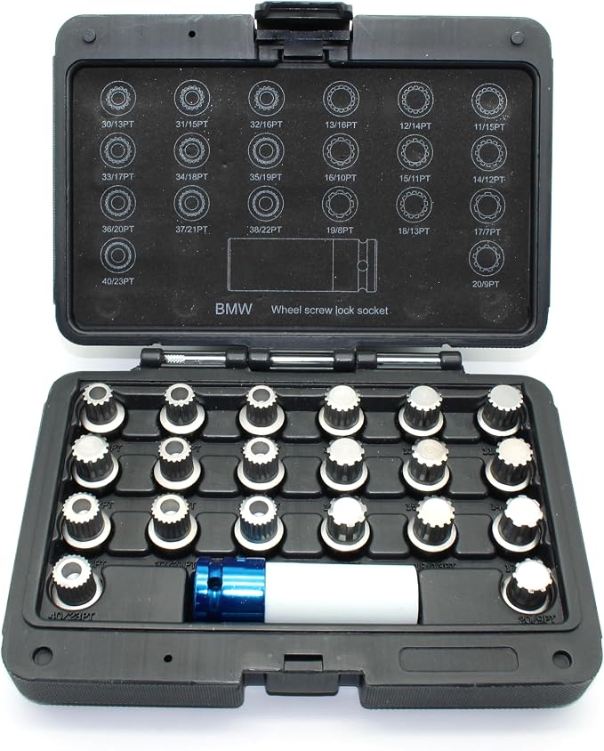 TMAX 21 pc Wheel Lock Lugnut Anti-Theft Lug Nut Screw Removal Key Socket Set for Bmw with 1/2 Inch Socket Adapter
