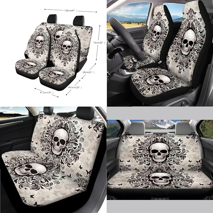 Gothic Skull Print Car Seat Covers Front and Back Full Set with Steering Wheel Cover Armrest Cushion Safety Belt Pads Rearview Mirror Cover for Most Cars, Easy to Install, Brown