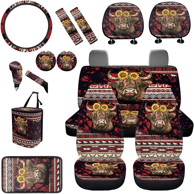 BIGCARJOB 15 Pack Highland Cow Print Car Seat Covers Set Tribal Print Auto Seat Headrest Cover Universal Steering Wheel Cover Car Trash Can Hanging Auto Interior Accessories Set