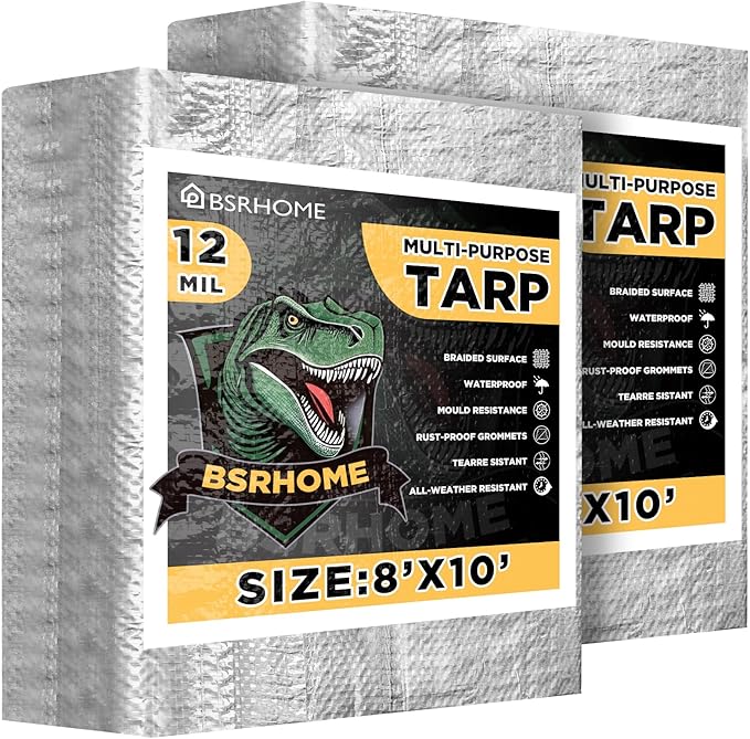 Tarps Waterproof 8x10 Feet, 2 Pack Heavy Duty Silver Tarp Cover 12 Mil Thick, Resistant Plastic Tarpaulin with Metal Grommets, Outdoor Tarp Cover for Car,Trailer
