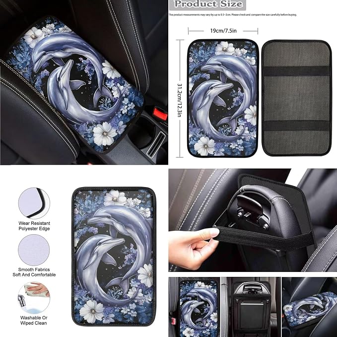 8 Pcs Floral Dolphin Car Seat Covers Full Set Car Accessories for Women Front Seat Cover Steering Wheel Armrest Cover Seat Belt Cover for Auto SUV Interior Decoration