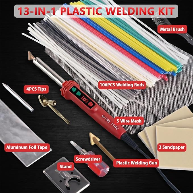GNI Upgraded 150W LED Digital Adjustable Temperature Plastic Welder Kit | 106PCS Welding Rods Repair Kit, 4 Tips 3 IN 1 Soldering Iron Kit, Plastic Welding Kit for DIY/Bumper Kayaks