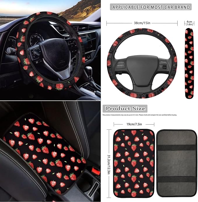 18Pcs Strawberry Car Seat Cover Set with Steering Wheel Cover,Headrest Protector, Car Cup Holder Coasters,Seat Belt Pads Armrest Pad Handbrake Protector and Key Chain
